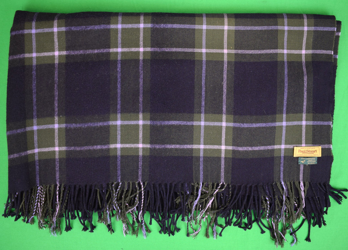 Paul Stuart Scottish Tartan Navy/ Green/ Lavender Plaid Lambswool Blanket