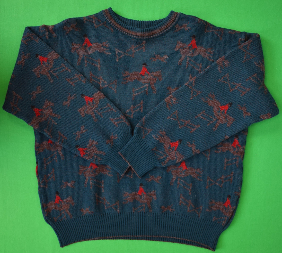 Abercombie & Fitch Teal w/ Red Wool Crewneck Women's Sweater w/ Equestrian Showjumping Intarsia Print Sz XL