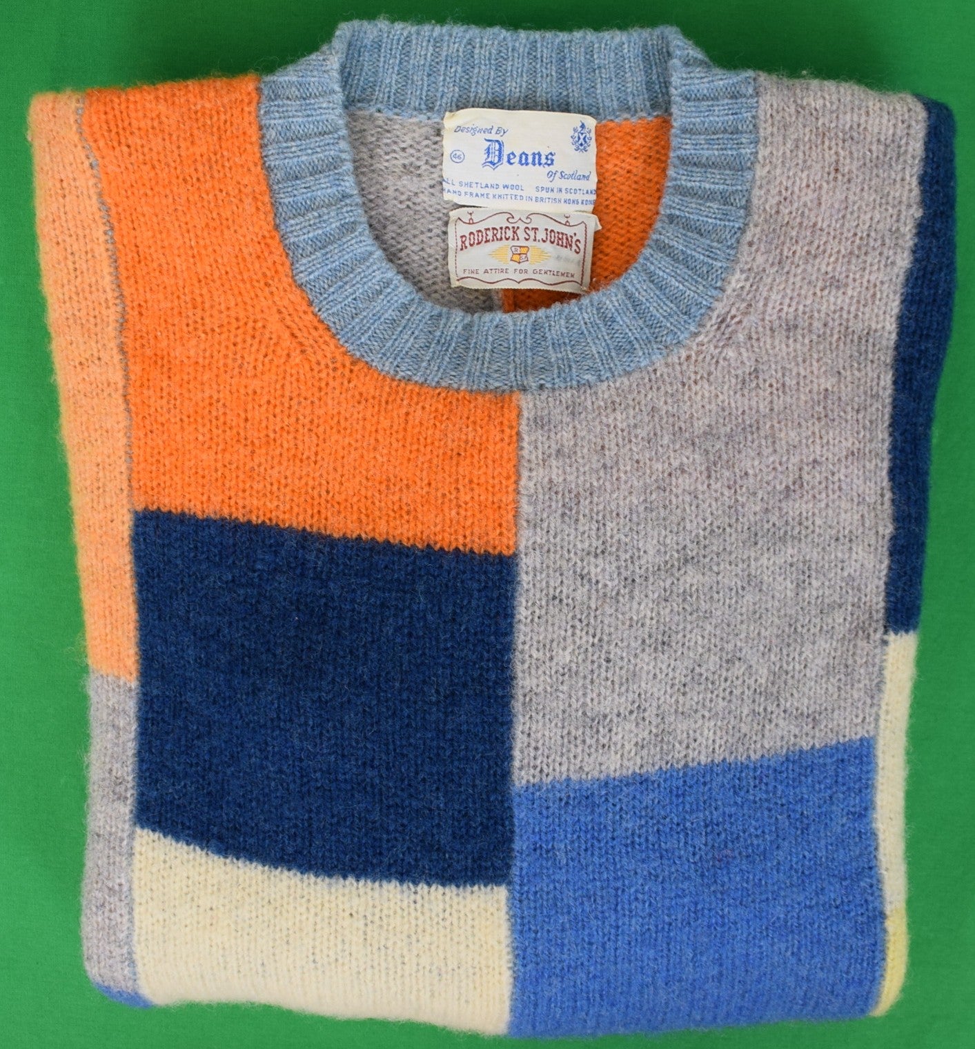 "Deans Of Scotland Shetland Wool Scottish Patch Panel Crewneck Sweater" Sz XL