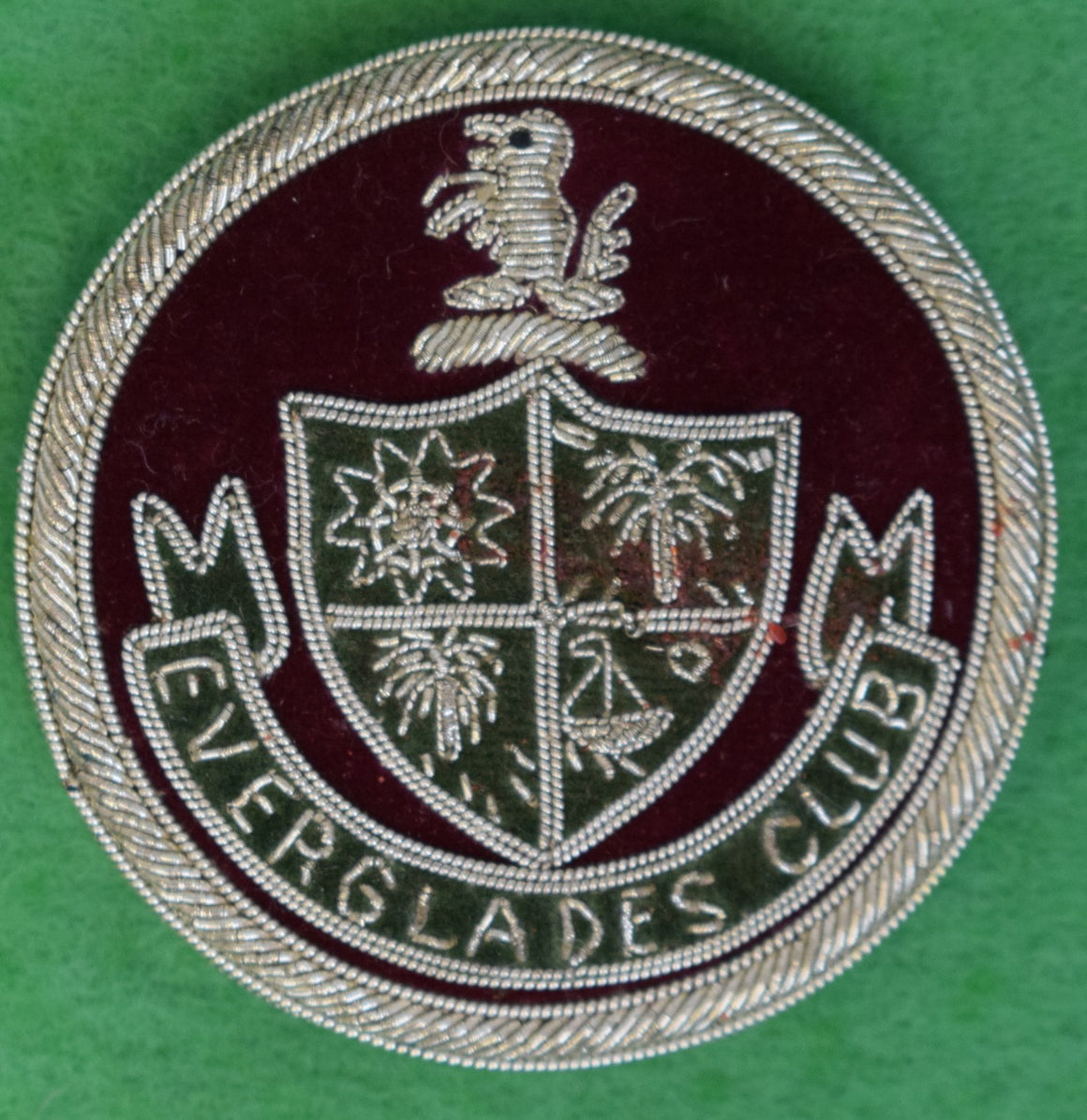"The Everglades Club Palm Beach Blazer Badge w/ Burgundy Felt & Gold Bullion Trim"
