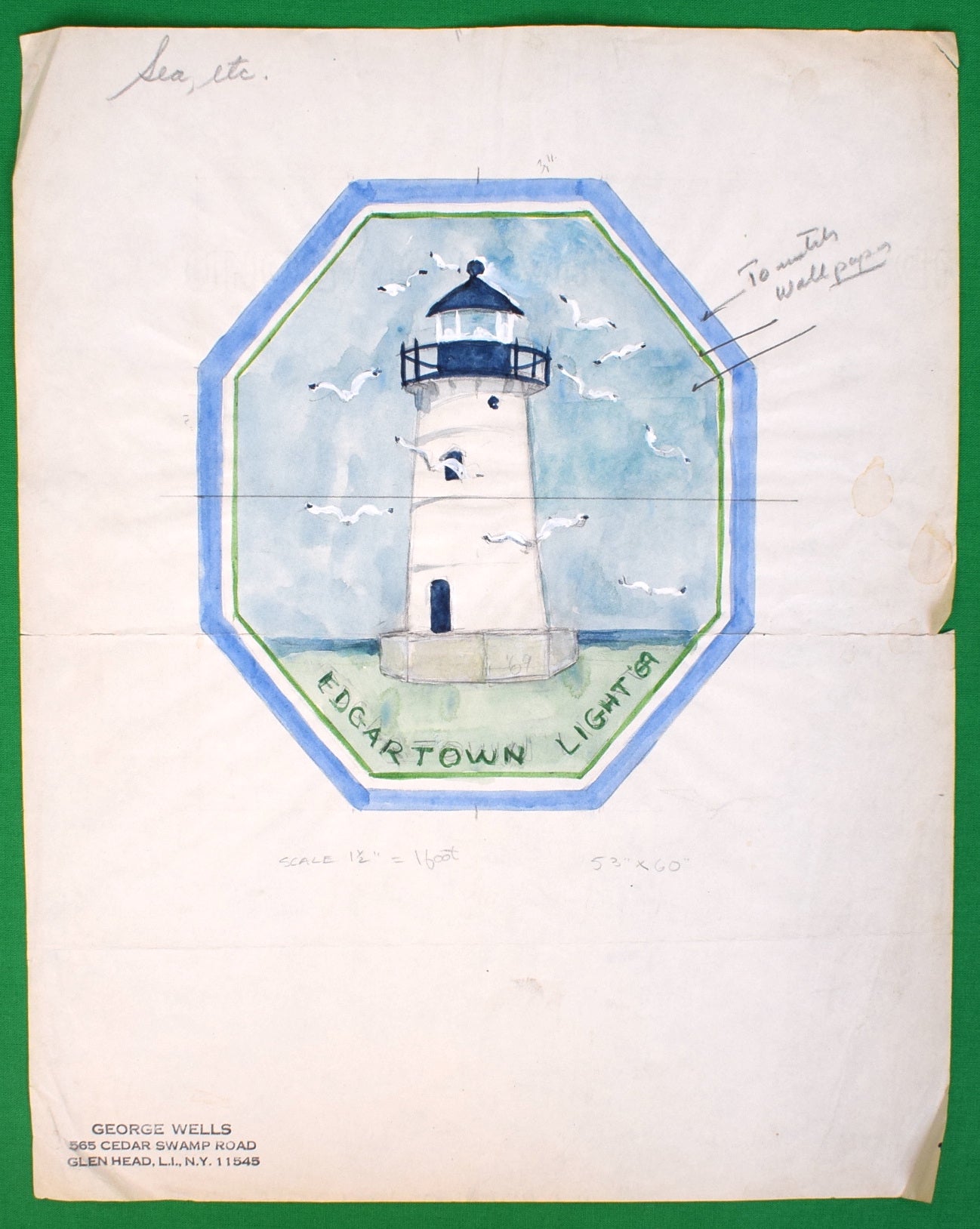 Watercolor Design for a Seafoam Green Area Rug Depicting The Edgartown Lighthouse w/ Seagulls 1969 by George Wells (1906–1988)