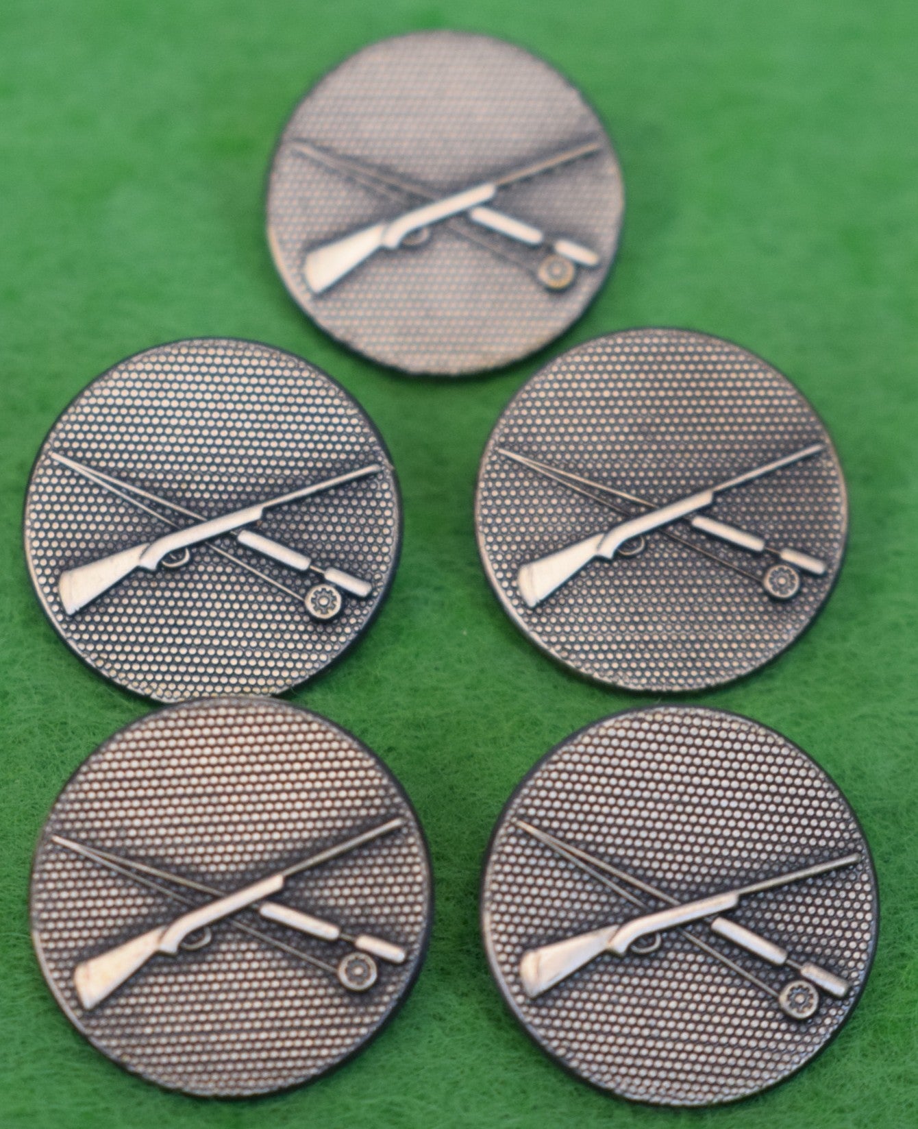 Set x 5 London Badge X'd Rifle/ "Fly Rod Pewter Blazer Buttons"