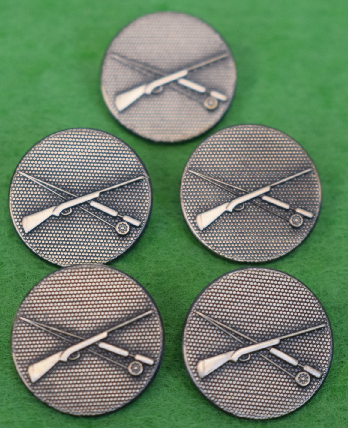 Set x 5 London Badge X'd Rifle/ "Fly Rod Pewter Blazer Buttons"