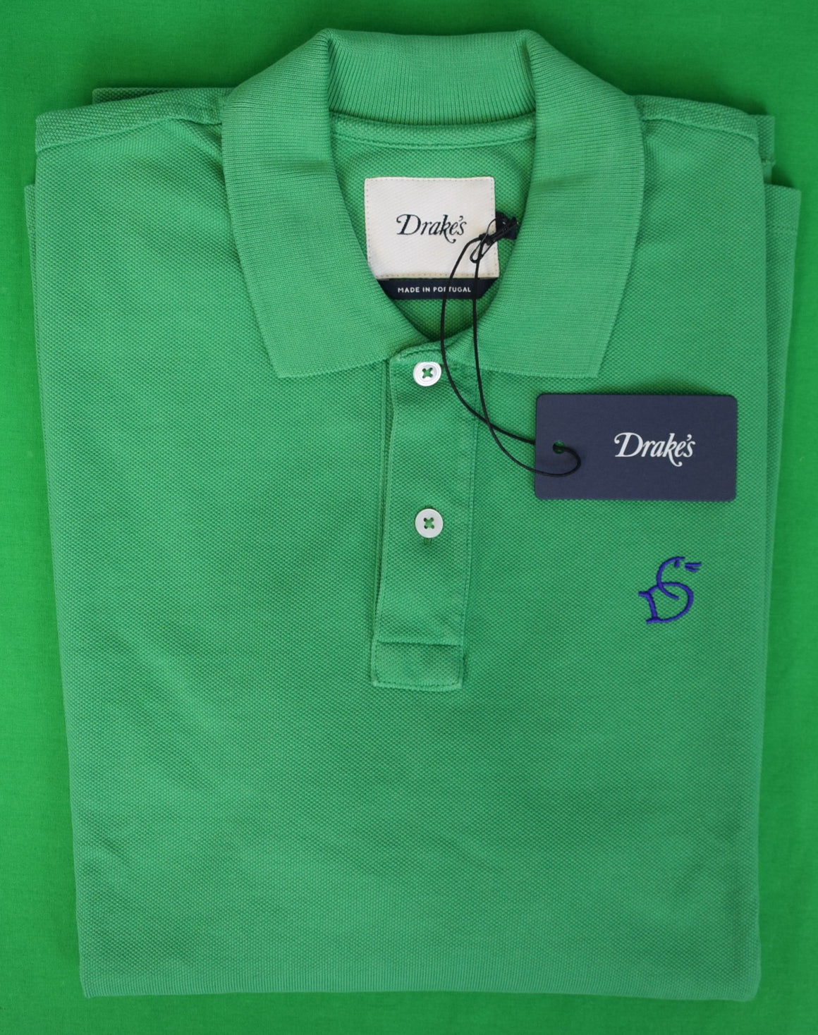 "Drake's Kelly Green Piqué Cotton Banded S/S Polo Shirt" Sz 42 (NWT)