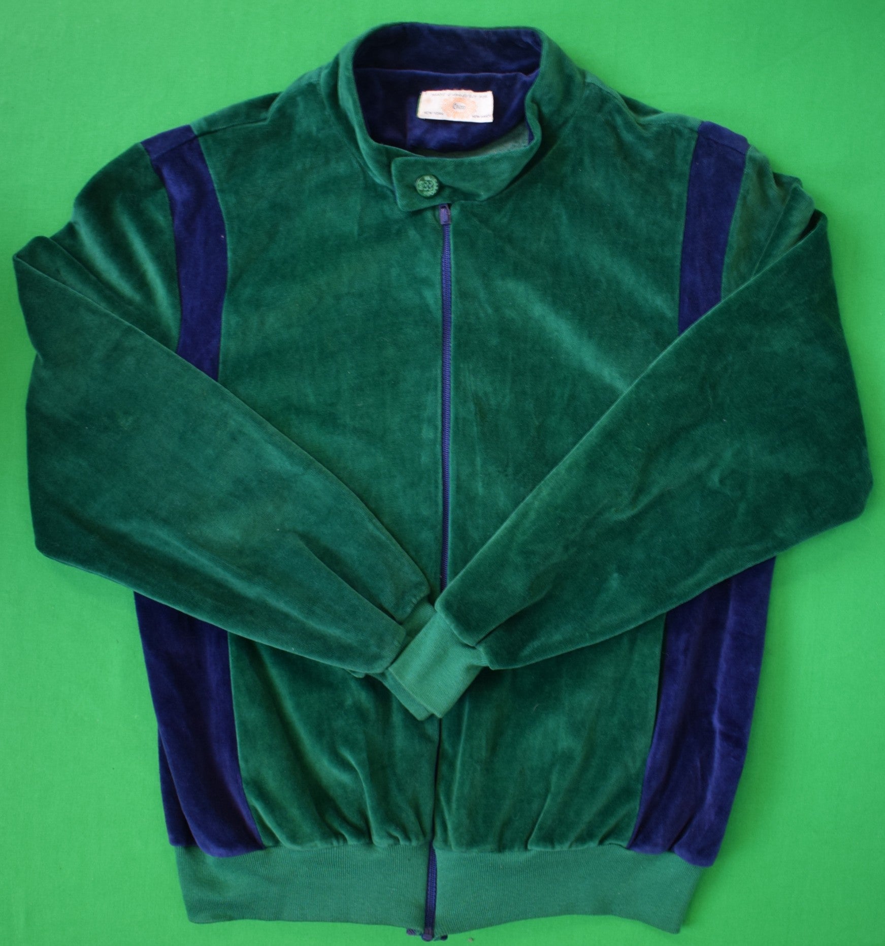 "Chipp c1970s Emerald Green Velvet w/ Blue Side Panel Stripe Zip Front Ultrasport Jacket" Sz M