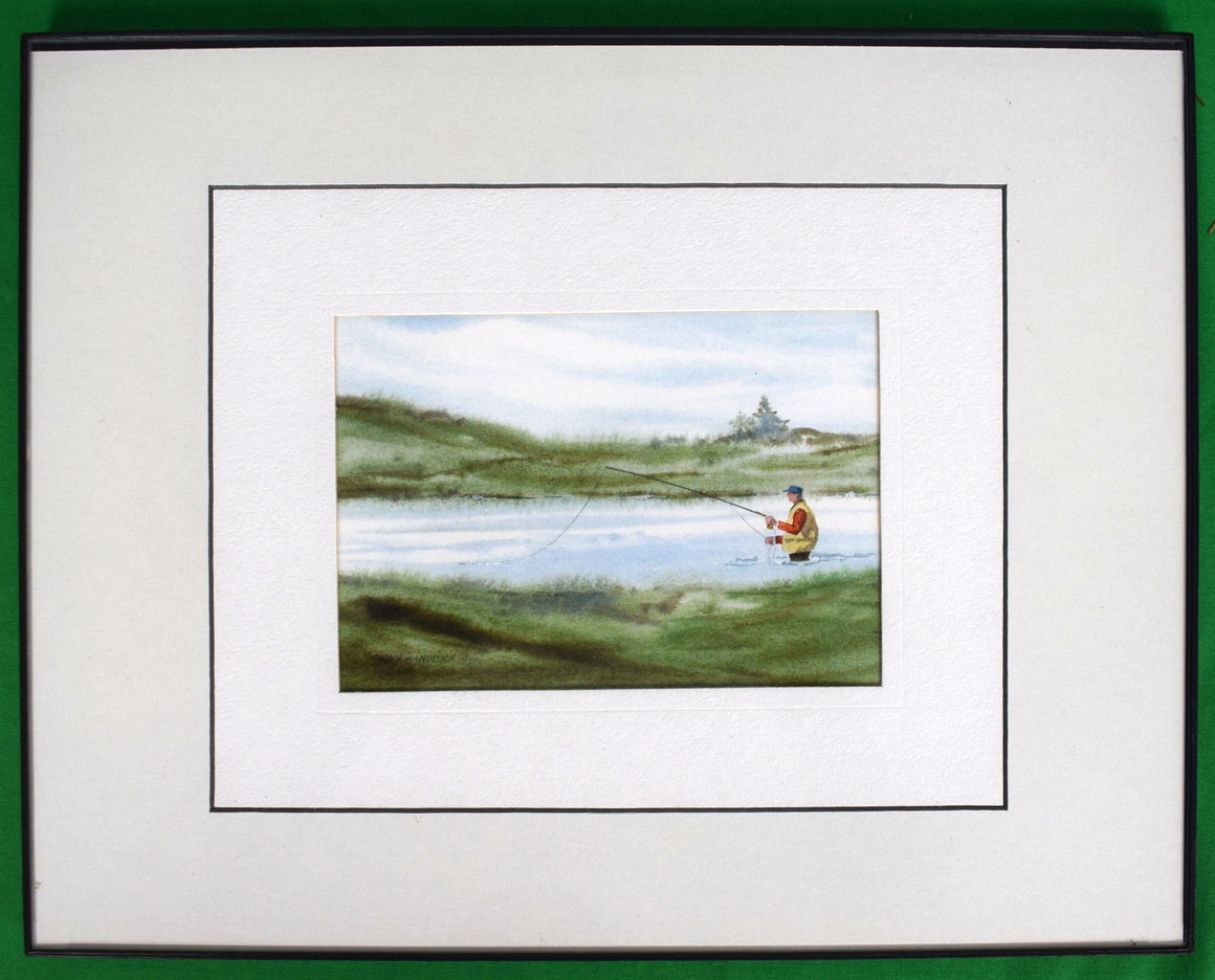 "Maine Fly-Fisherman In Stream" 2012 Watercolor by John Handcock