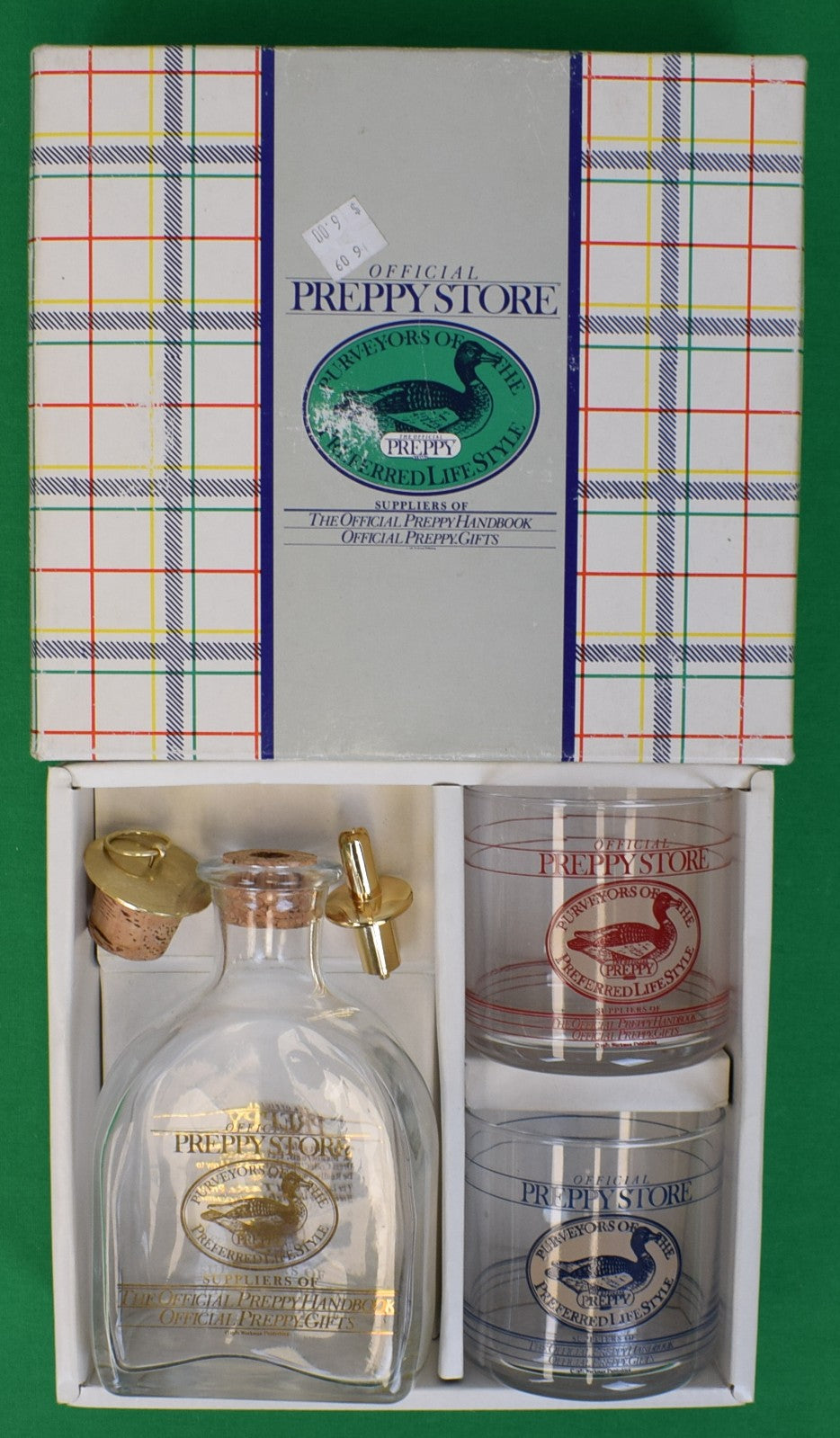 Official Preppy Store Cocktail Barware Box Set x 2 Old Fashioned Glasses & 1 Decanter w/ Spout & Cork Plug (NIB)