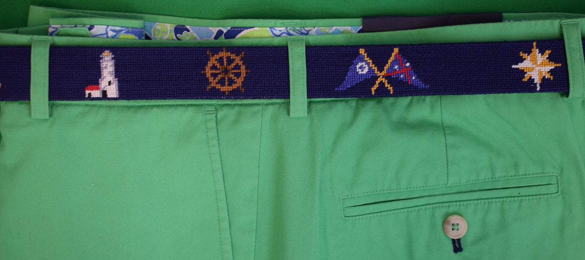 "S&B Navy Needlepoint Belt w/ 10 Nautical Life Design Motifs" Sz 42