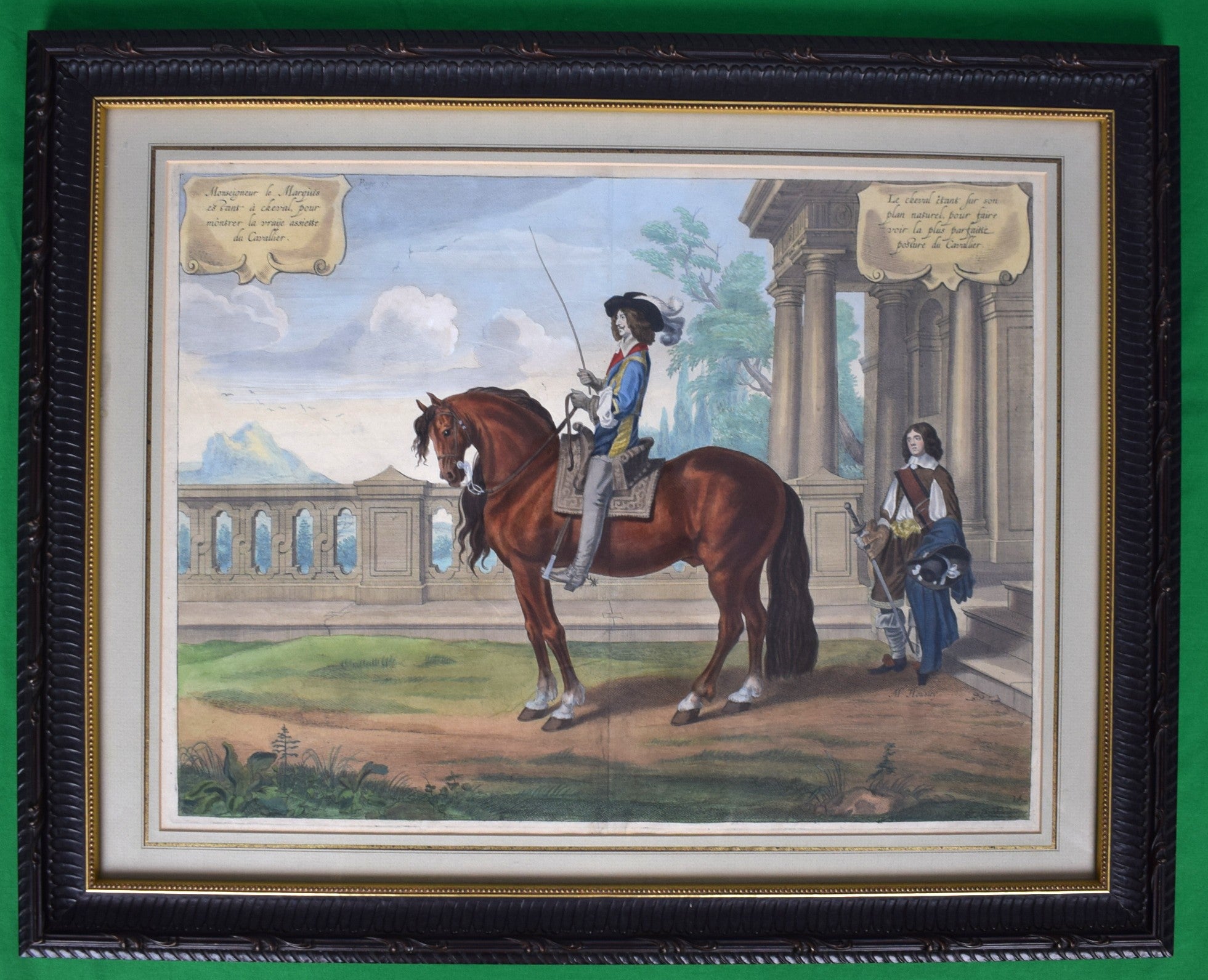 Monseigneur le Marquis estant à cheval, pour Mônsrer la vraije assiette du Cavalier. Fol. 14 from the book 'Methode et Invention Nouvelle de dresser les chevaux' French Equestrian Hand-Colored Engraving Provenance: The Susie Hilfiger Collection