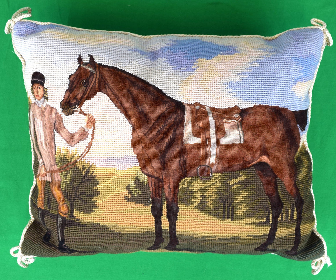 Petit Needlepoint Jockey/ Racehorse Equestrian Pillow