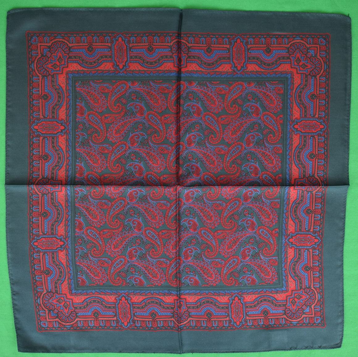 "Macclesfield England Green Paisley Antique Silk c1950s Pocket Square"