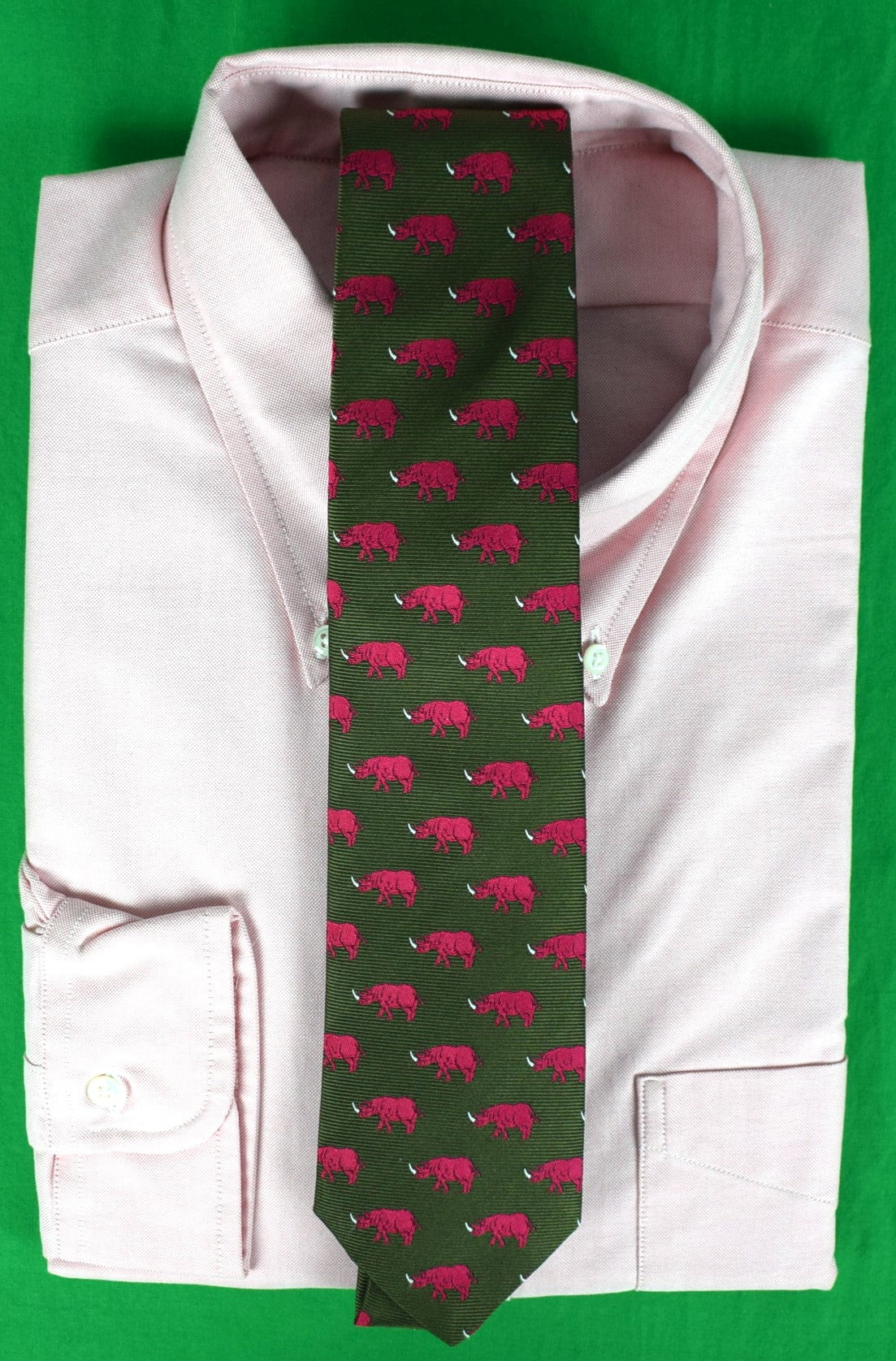 "Ben Silver Hot Pink Rhinos on Hunter Green Silk Twill Club Tie"