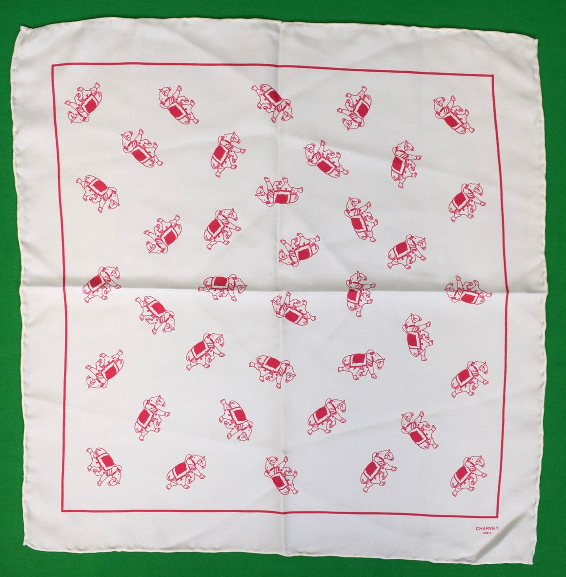 Charvet Paris White Silk Pocket Square w/ Pink Elephants Print