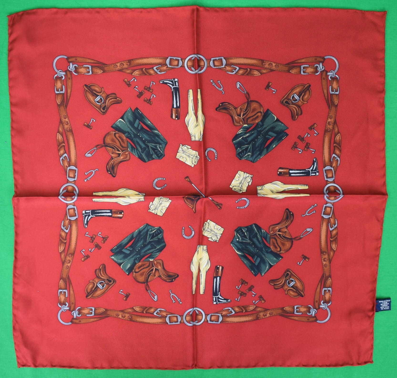 Polo Ralph Lauren Burgundy Italian Silk Equestrian Theme Pocket Square