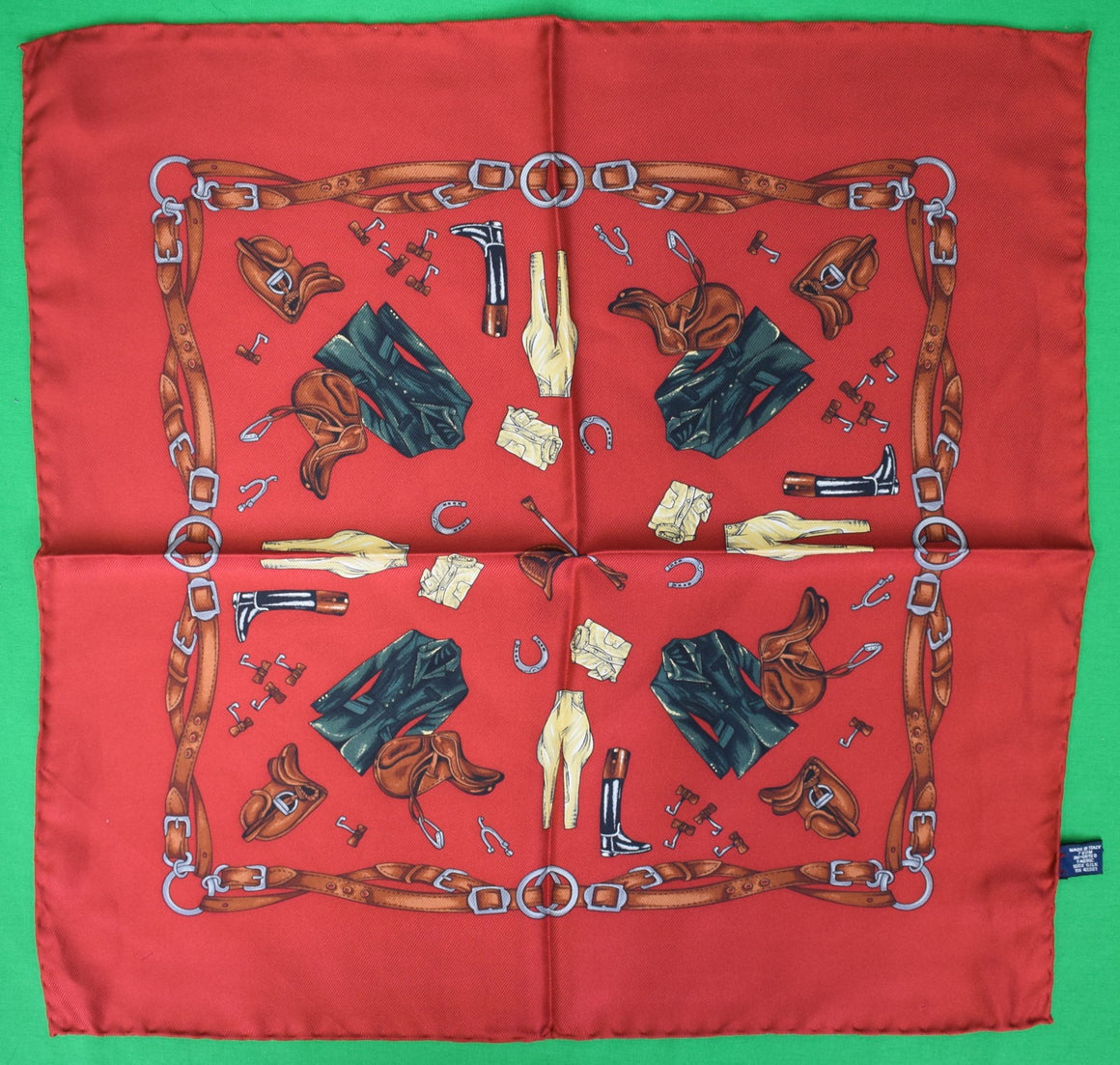 Polo Ralph Lauren Burgundy Italian Silk Equestrian Theme Pocket Square