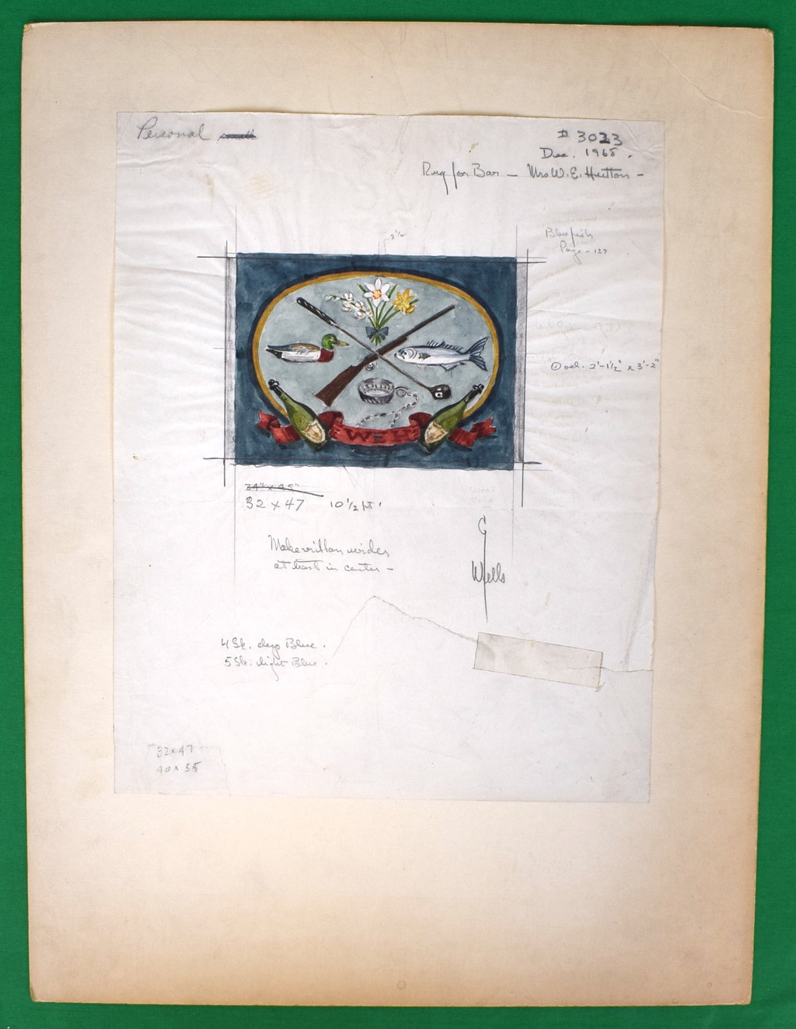 Watercolor Design for a Bar Area Rug w/ X'd Golf Club/ Shooting Gun & Champagne Bottles 1968 by George Wells (1906–1988)