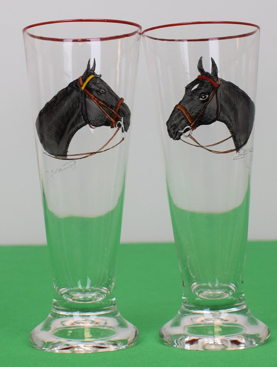 Set x 2 Cyril Gorainoff Hand Painted Horse Head Pilsner Glasses w/ Red Rims