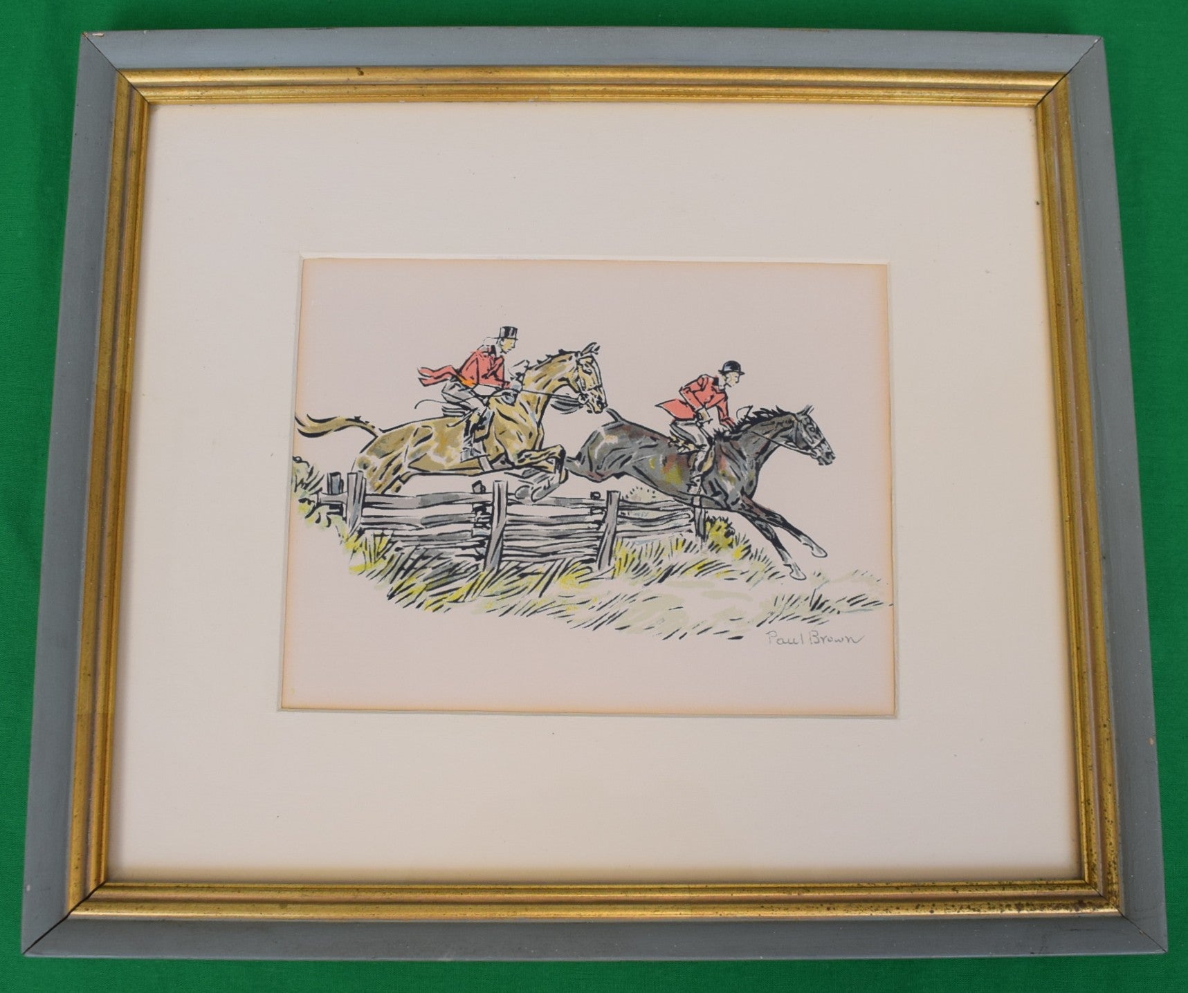 Paul Brown Watercolor Print w/ 2 Foxhunters Clearing Fence