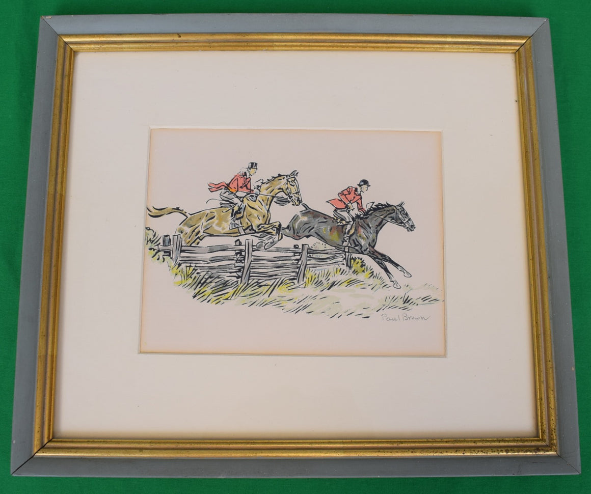 Paul Brown Watercolor Print w/ 2 Foxhunters Clearing Fence