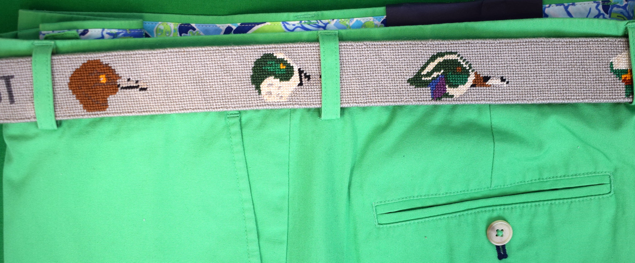 "Hand Needlepoint Belt w/ Duck Decoys" Sz 41 1/2