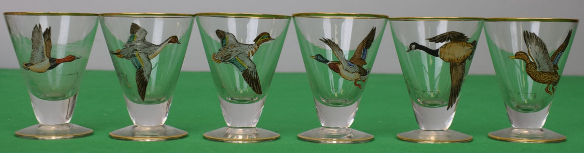 Set x 6 Cyril Gorainoff Sherry Glasses w/ Enamel Hand Painted Waterfowl Birds