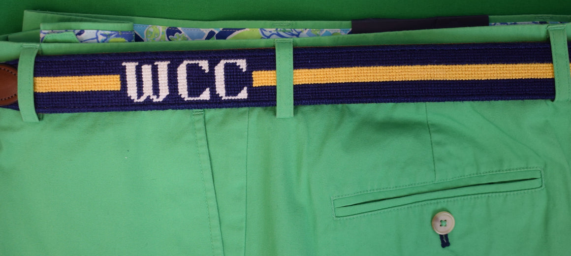 "Hand Needlepoint Navy w/ Yellow Repp Stripe WCC Belt" Sz 36