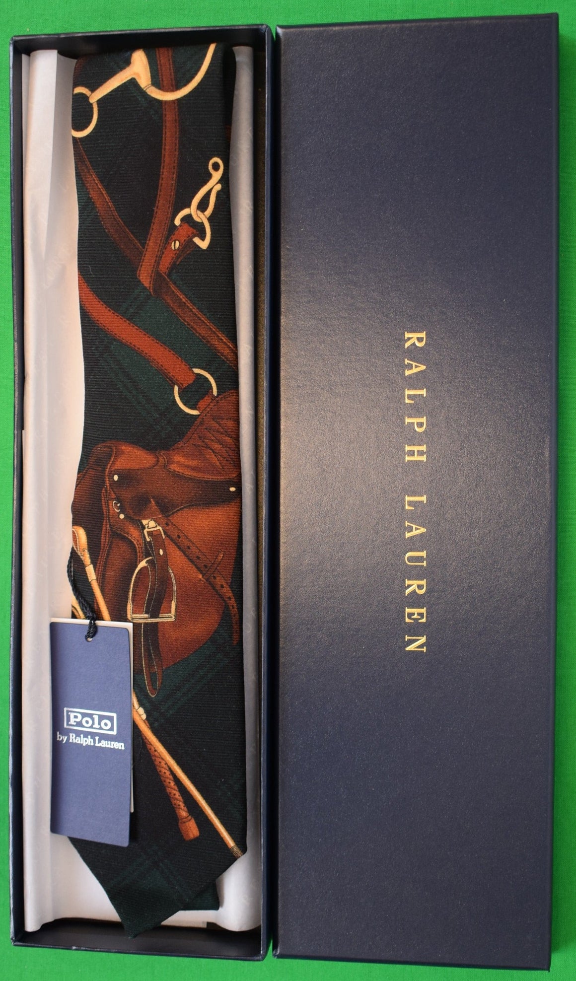 "Polo Ralph Lauren Equestrian Print Hunter Green Italian Challis Club Tie" (NWT & RL Gift Box)