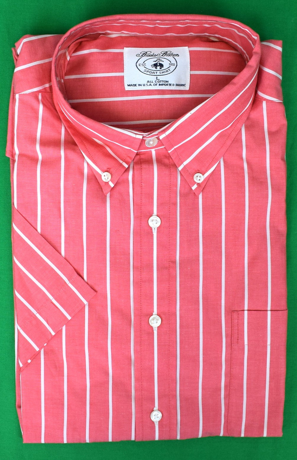 Brooks Brothers Short Sleeve Coral Bengal Stripe B/D Poplin Sport Shirt Sz L (NWT)