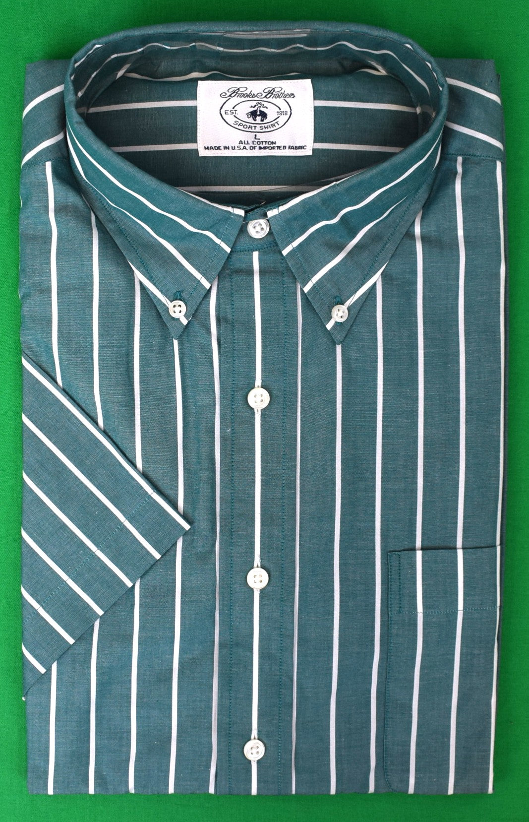 Brooks Brothers Short Sleeve Pine Green Bengal Stripe B/D Poplin Sport Shirt Sz L (NWT)