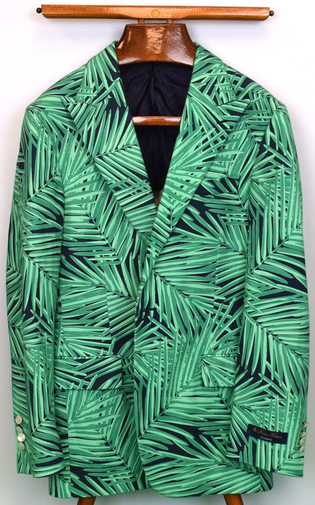 "Brooks Brothers Classic Green Leaf Jungle Print w/ Peak Lapel Cotton Twill Navy Blazer" Sz 40R (NWT)