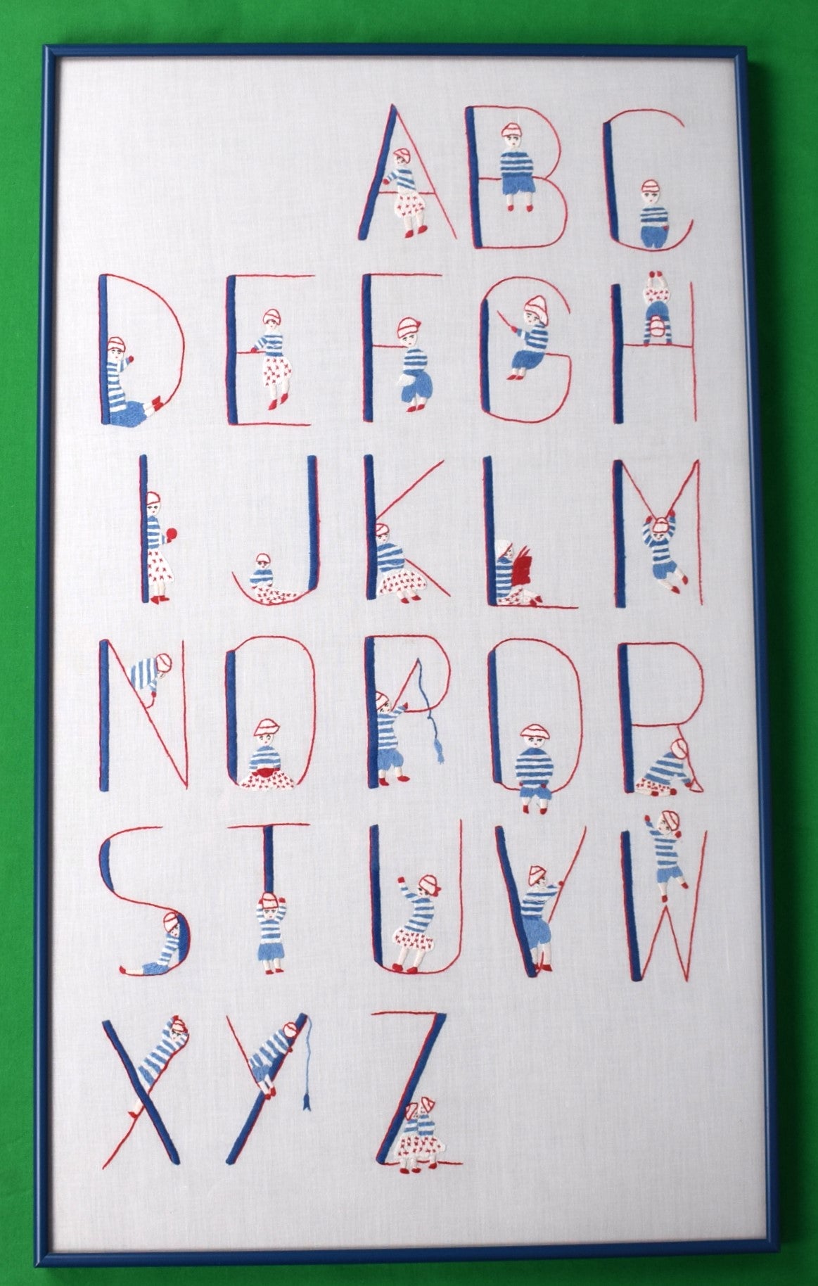 "Hand-Stitched/ Embroidered Red/ White & Blue Alphabet Linen Children's Sampler"