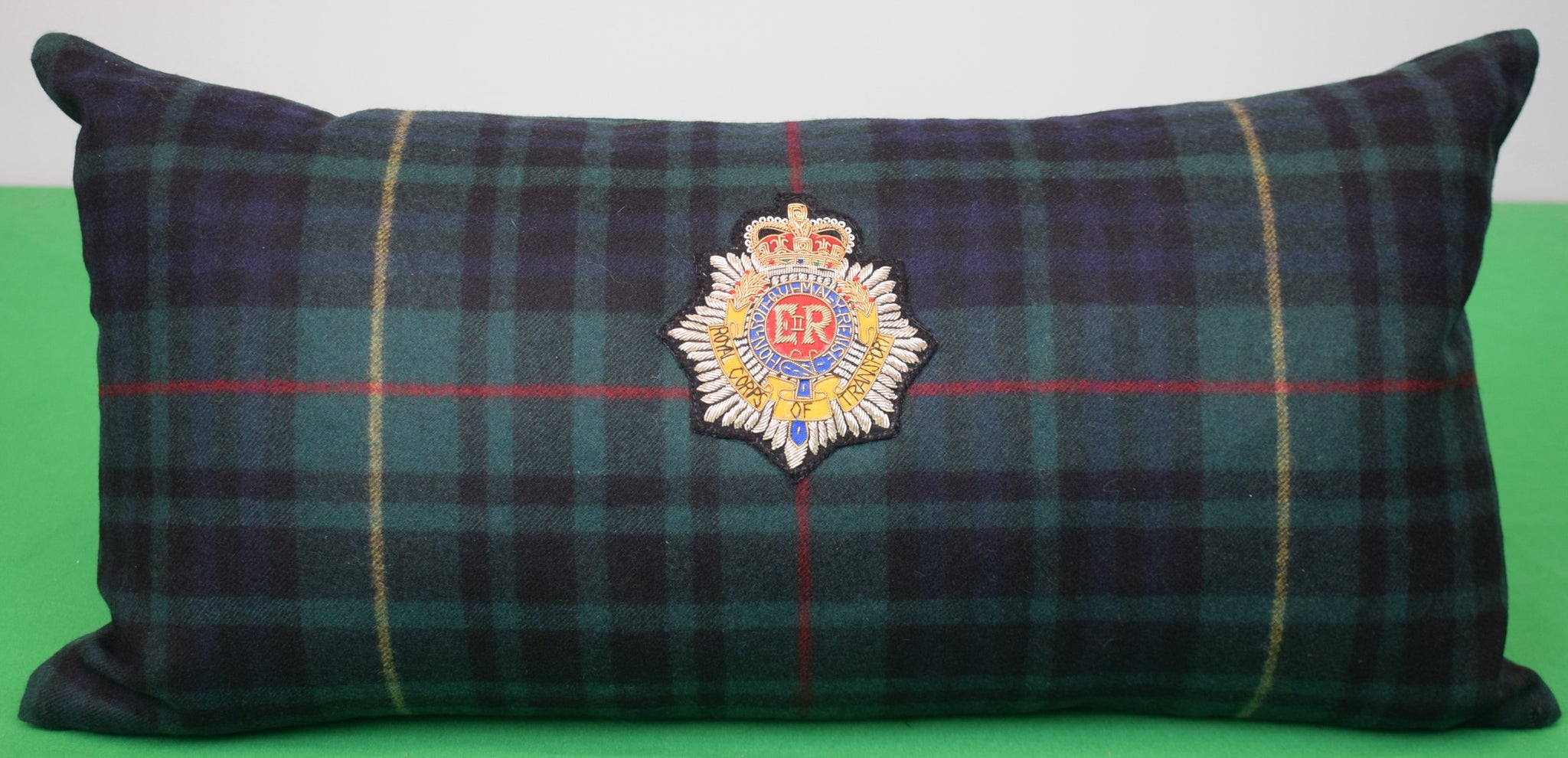 "Ralph Lauren Keighley Tartan Plaid Large Lumbar Pillow w/ Royal Corps of Transport Crest" (NWOT)