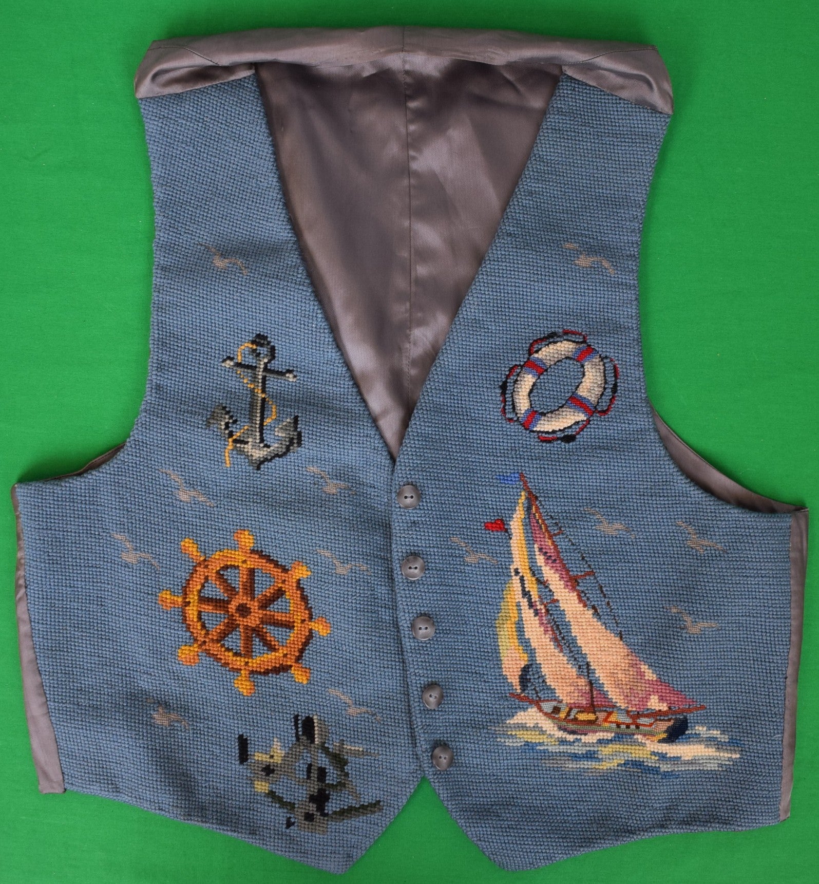Hand Needlepoint Nautical Theme Ocean Blue Vest Sz 40