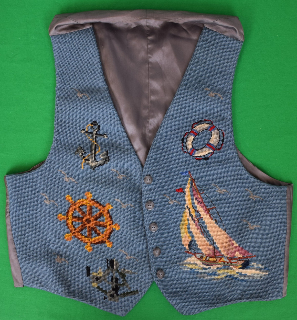 Hand Needlepoint Nautical Theme Ocean Blue Vest Sz 40