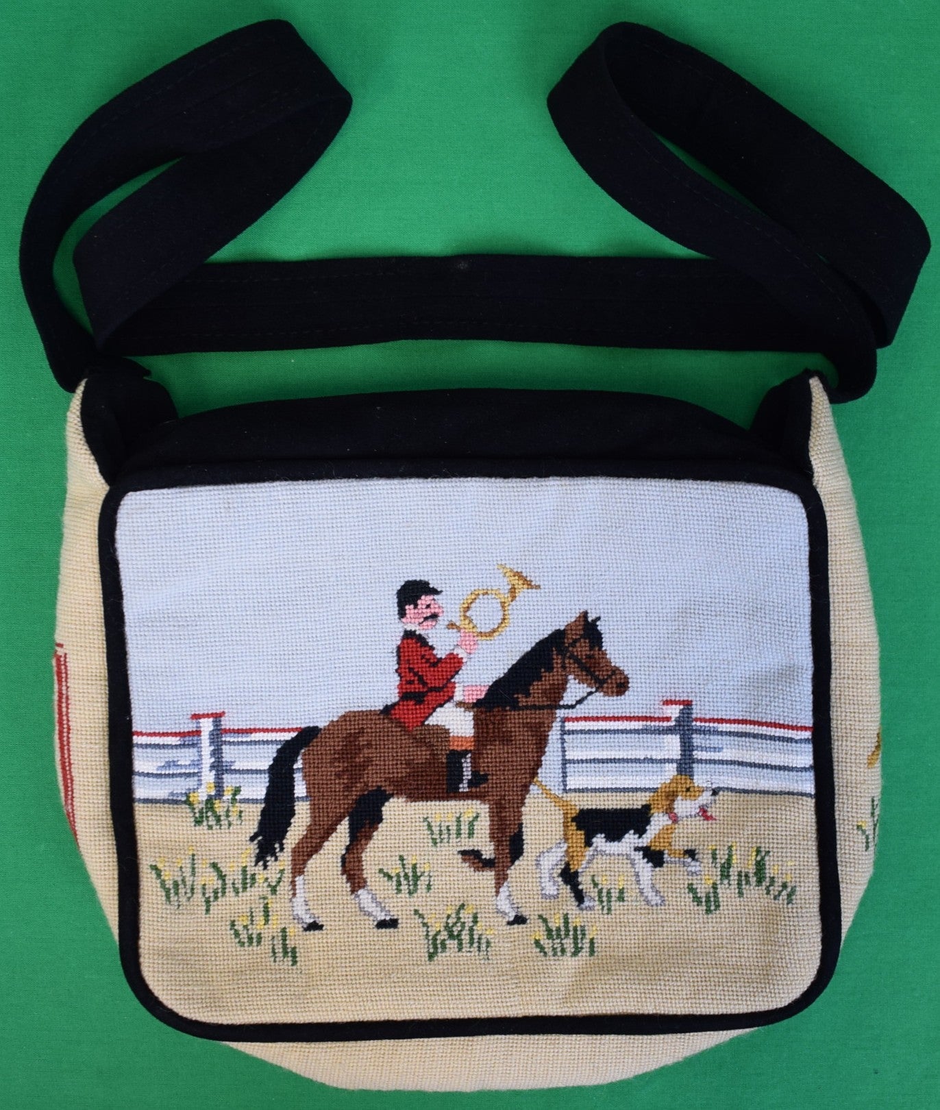 "Hand Needlepoint Foxhunting Bag w/ Shoulder Strap"