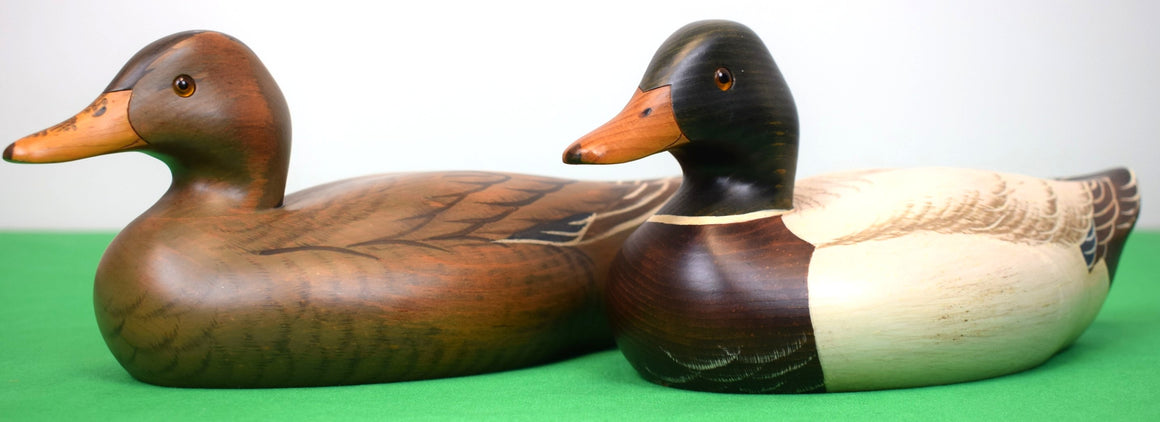 Set x 2 Abercrombie & Fitch c1980s Hand-Carved/ Painted Mallard Drake & Hen Duck Decoys by Robert Capriola