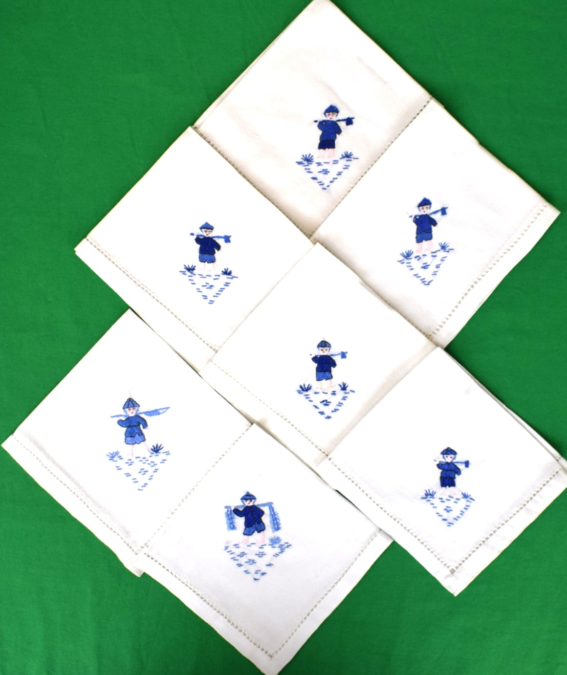 "Set x 7 Hand Embroidered Chinoiserie Blue Boy/ White Cotton Napkins/ Towelettes"