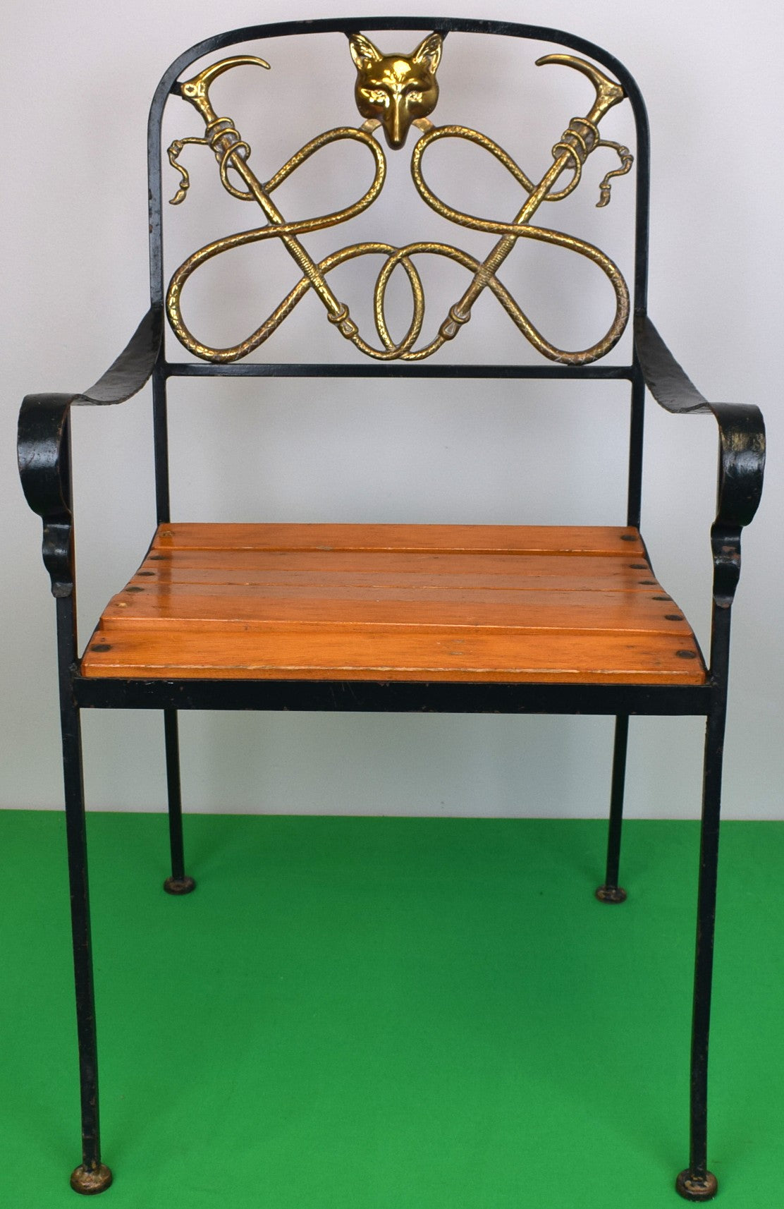 "Fox Hunting Armchair Painted Iron w/ Brass Fox Mask & Riding Crops" Provenance: The Susie Hilfiger Collection