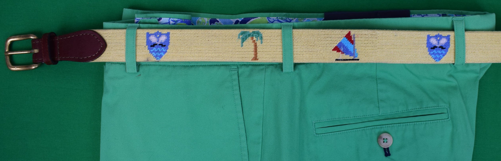 "Gulf Stream Bath & Tennis Club x Smathers & Branson Hand-Needlepoint Light Yellow Members Belt" Sz 44