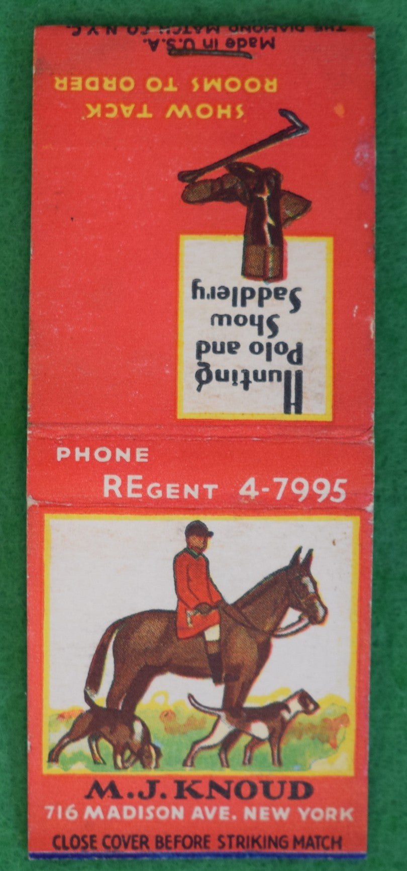 M.J. Knoud Hunting Polo & Saddlery Shop Madison Ave, NYC Matchbook (Unstruck)