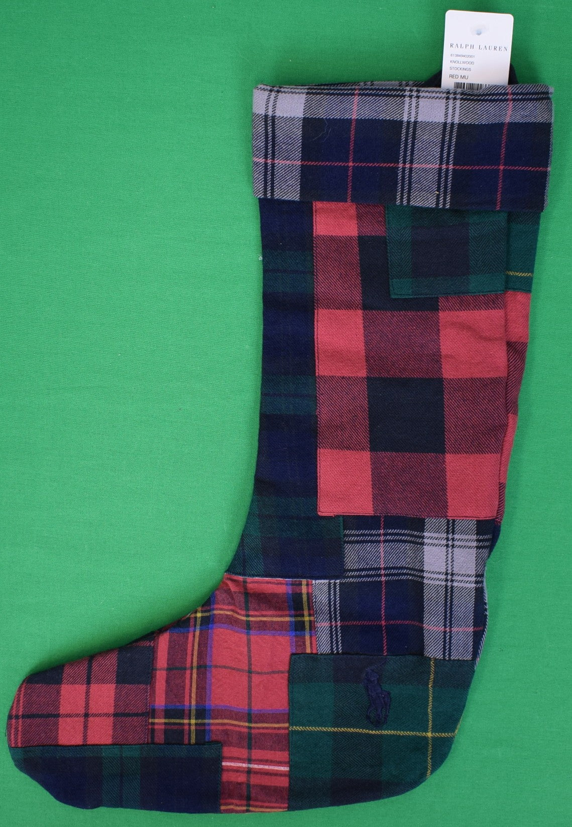 "Ralph Lauren Patch Red & Green Tartan Flannel Christmas Stocking" (NWT)