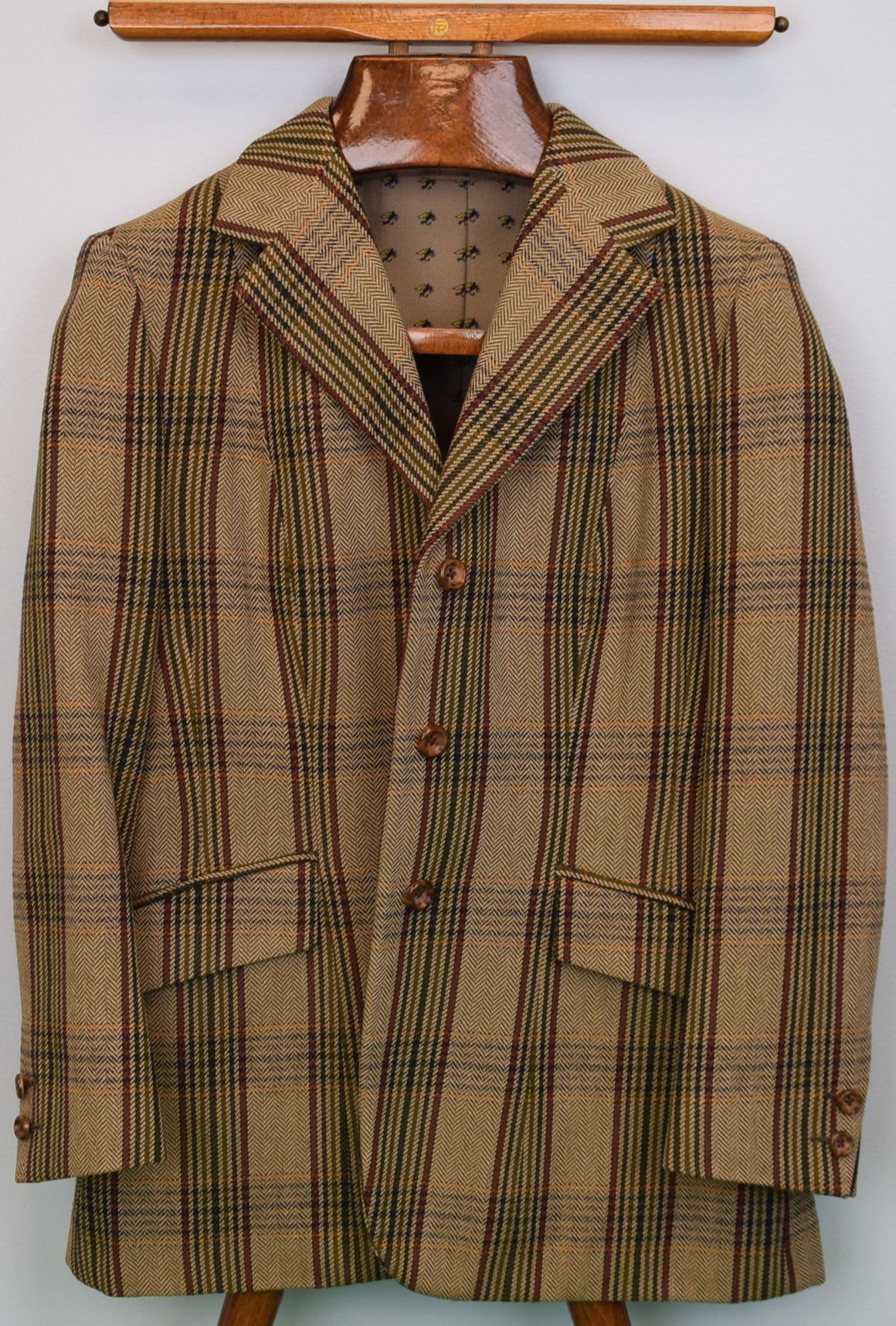 Chipp Russell Plaid Cheviot Tweed Hacking c1982 Sport Coat w/ Trout Fly Challis Wool Lining Sz 36R