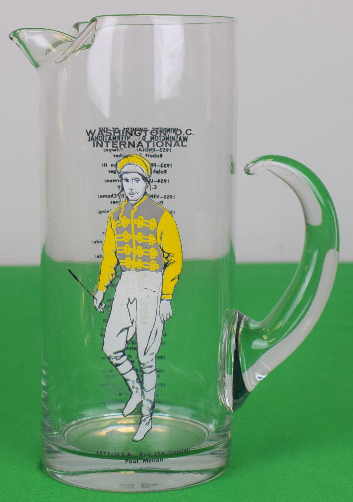 "Washington, D.C. International c1971 Glass Cocktail Pitcher w/ Paul Mellon's Rokeby Stables' Silks"