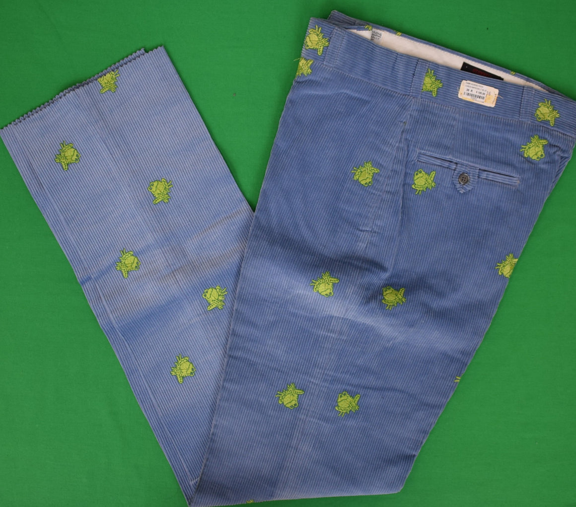 O'Connell's Vintage c1980s Embroidered Corduroy Trousers w/ Lime Frogs On Blue Sz 36 (NOSWT)