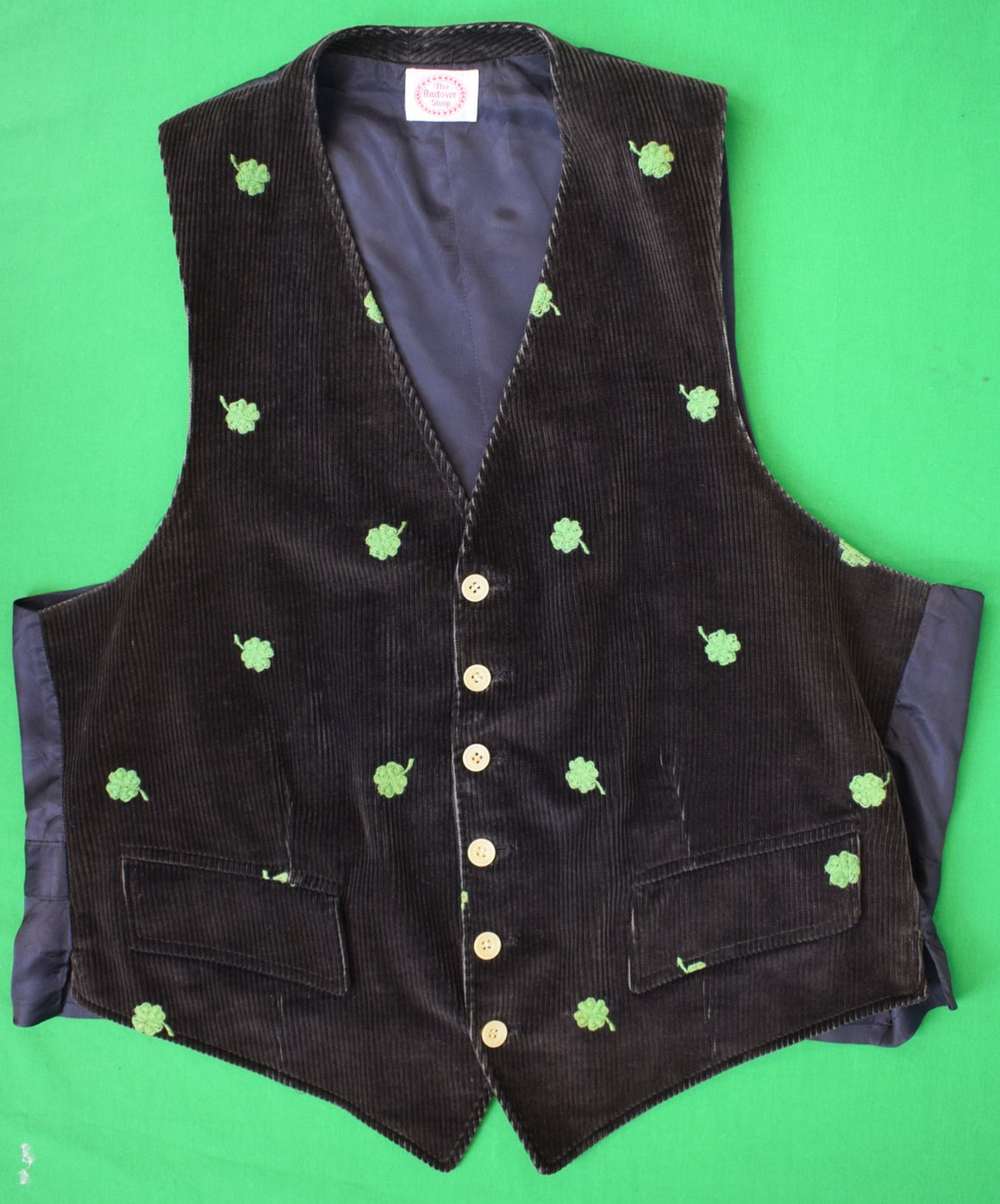 The Andover Shop Navy Corduroy Waistcoat w/ Embroidered Kelly Green Shamrocks Sz 44