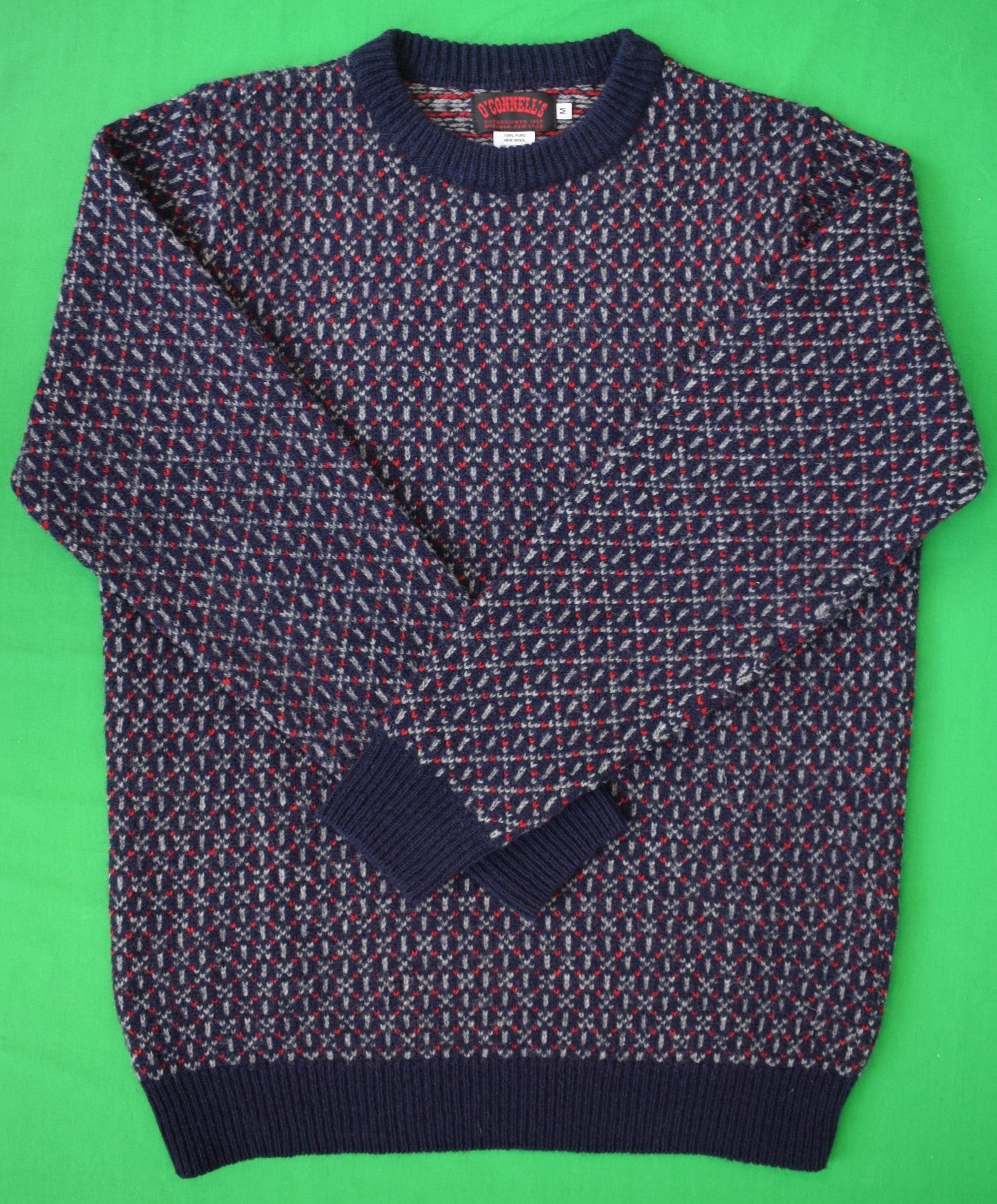 "O'Connell's Scottish Navy/ Red Birdseye Pattern Shetland Wool Crewneck Sweater" Sz M
