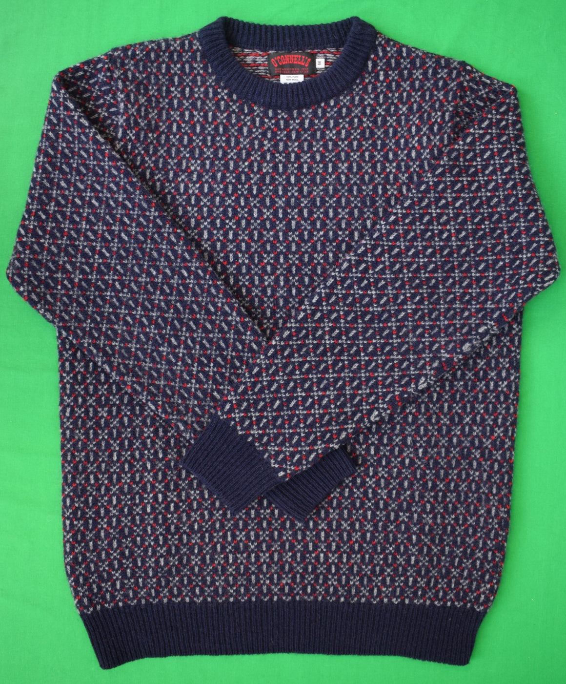 "O'Connell's Scottish Navy/ Red Birdseye Pattern Shetland Wool Crewneck Sweater" Sz M