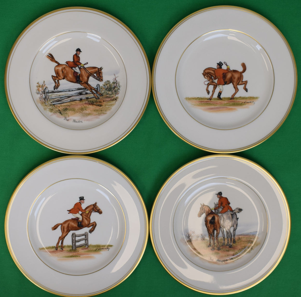 Set x 4 Frank Vosmansky x Abercrombie & Fitch Hand Painted w/ Fox Hunt Scenes Luncheon/ Salad Plates