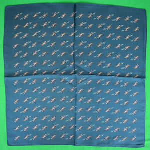 "Macclesfield Antique English Teal Silk w/ Cave Woman c1950s Pocket Square"