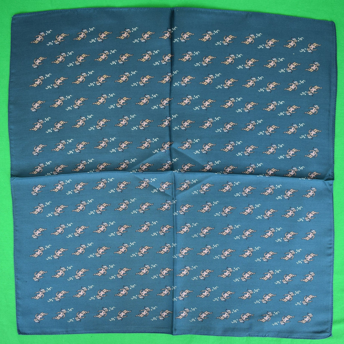 "Macclesfield Antique English Teal Silk w/ Cave Woman c1950s Pocket Square"